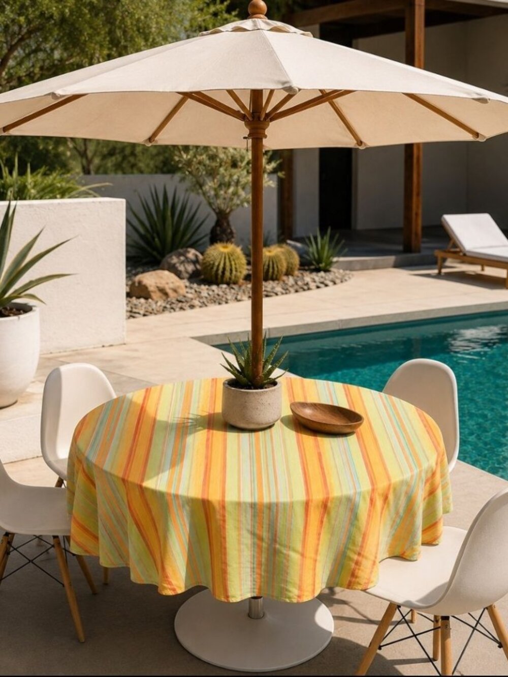VTG MCM Cotton Park Cottage Striped Cotton Outdoor Round Tablecloth Umbrella Hol - Picture 13 of 13